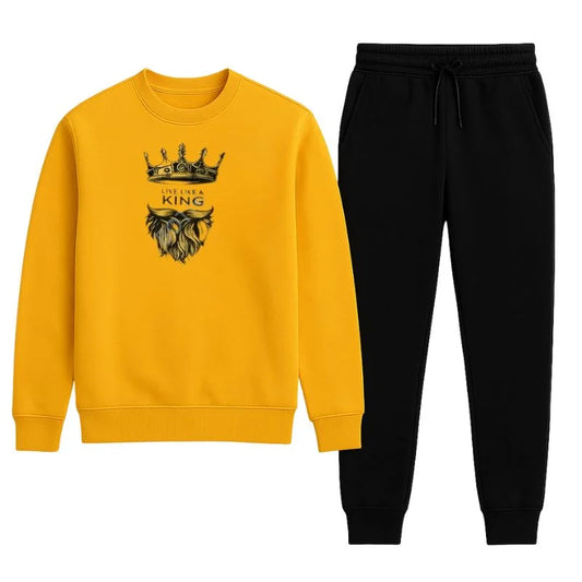 KING Printed Yellow Tracksuit Sweatshirt & Trouser | Warm & Comfortable Winter Wear | Large